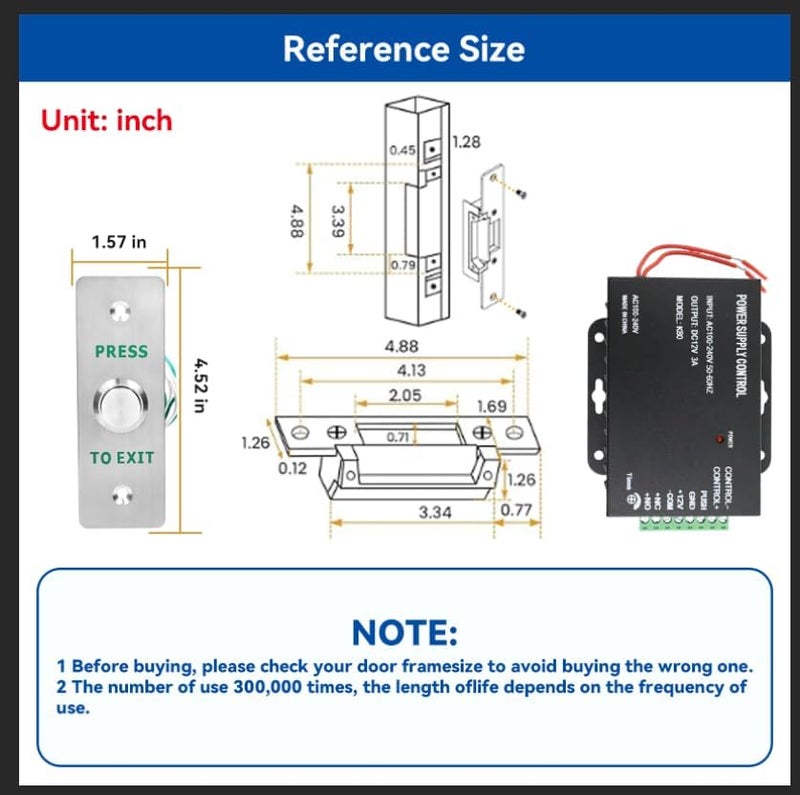 WIRELEL Upgraded Access Control Electric Strike Door Lock Kit, Fail-Secure/Fail-Safe Wireless Door Buzzer Entry System for Cylindrical Mechanical locksets,with Remote Control, Button, Buzzer, Power Adapter - Image 2